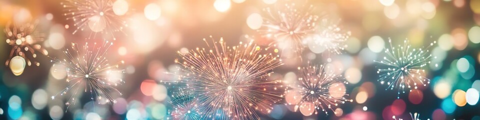 Fototapeta na wymiar Bright colorful fireworks display, festive bokeh lights