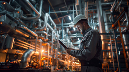 Naklejka premium Engineer using tablet in industrial plant with complex machinery background with copy space. Professional in safety helmet monitoring production process. Concept of smart manufacturing, Industry 4.0