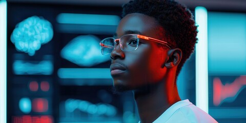 Innovative African student brainstorming in high tech environment