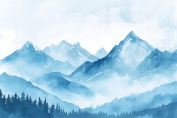 Fototapeta premium Watercolor Mountain Landscape with Blue Sky and Copy Space for Text