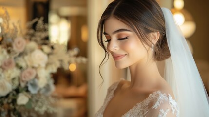 Naklejka premium Elegant Bride with Soft Makeup and Floral Background
