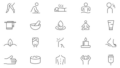 Massage line icon set. Relaxation, spa, sleep, yoga, health, lifestyle, spiritual practice, skin care, massage, hyaluronic acid, serum, pore tightening, and cosmetology icon set. UI thin line icon