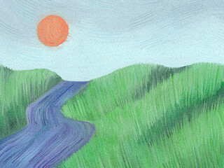 Landscape with grainy texture. Hills, the sun, a river. Textured digital art