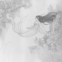 Fototapeta premium a mermaid swimming through an underwater scene, her long hair flowing behind her and her tail flicking through the water. 