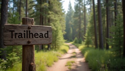 Rustic Trailhead signpost on forest trail sunlight through pine trees