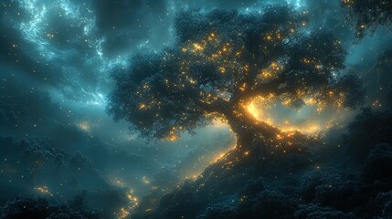 Fototapeta premium A majestic tree stands illuminated against a dark, ethereal landscape filled with a mystical glow. The tree’s branches are adorned with what appears to be small lights, creating a magical effect as th