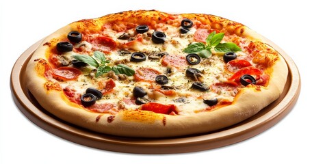 Clear white background highlighting a pizza tray in PNG format with appetizing toppings.