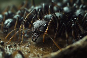 Macro photography of an ant colony