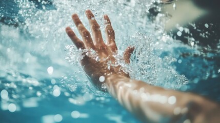 Fototapeta premium A swimmer's hands breaking water surface, indoor setting with clear pool water, Dynamic style