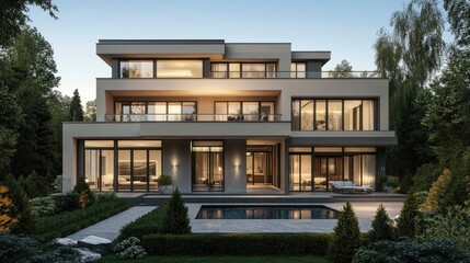 Fototapeta premium Modern Family Home with Elegant Design and Pool
