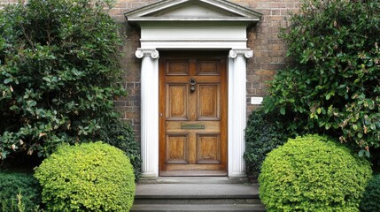 Charming Wooden Door Amidst Lush Greenery and Bushes