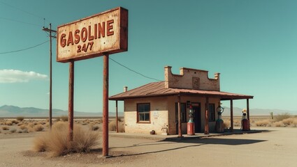 Vintage gas station sign with Gasoline 247 in faded red letters old pumps and open desert highway