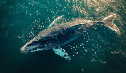 Fototapeta premium AI generator image of whale,Bryde's whale, Eden's whale in ocean ,Whale eating fish with brid flying up in the Thailand sea, Thailand Whale Tourism for geography the gulf of Thailand.