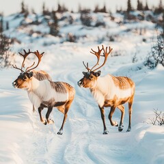 Obraz premium Reindeer crossing a snowy trail in the Lapland wilderness, peaceful winter journey