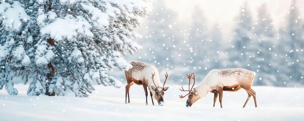 Reindeer grazing beneath snow-laden pine trees in Lapland, tranquil winter scene