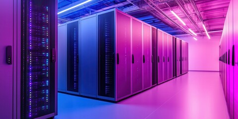 High tech server room with neatly arranged servers and vibrant lighting