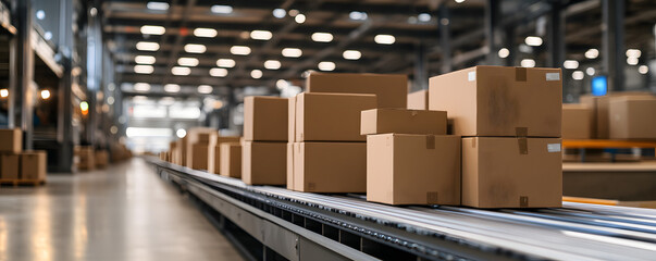 Cardboard Boxes Moving on Conveyor Belt in Warehouse