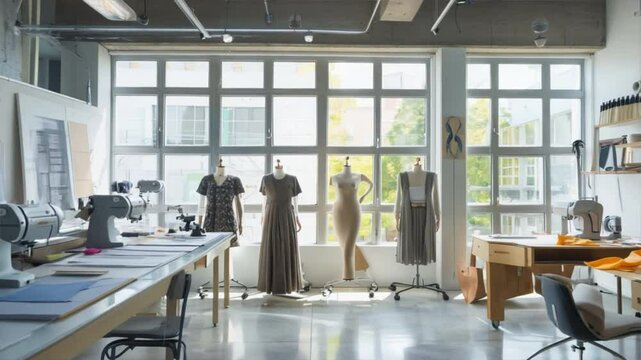 Bright and Spacious Fashion Studio Creative Workspace for Design and Tailoring with Dress Forms, Natural Light, and Inspiring Garments