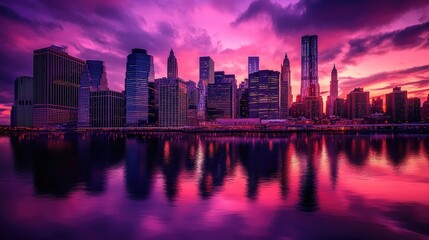 Fototapeta premium Vibrant City Skyline at Sunset with Reflective Water