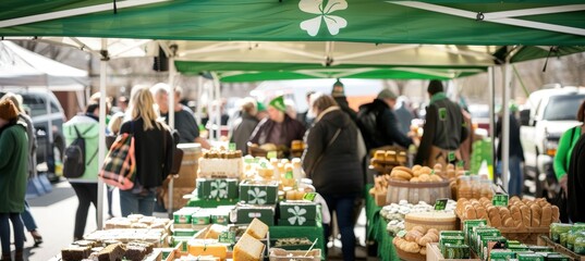 Bustling St. Patrick's Day Market with Irish Cheeses and Fresh Bread Under Shamrock Banners