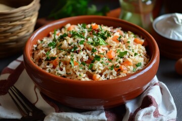 A bowl of pilaf, made with rice and carrots, sprinkled lightly with herbs like cumin or coriander.