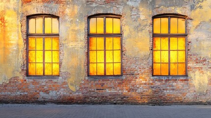Obraz premium Rustic Brick Wall with Bright Windows at Sunset