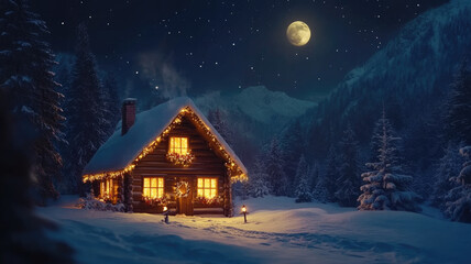 Wood house in fairy tale forest at Christmas night, hut decorated festive lights covered with snow in winter. Concept of mountain, illustration, xmas.