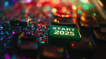 2025 icon on key of computer keyboard and bright confetti on Christmas holiday, concept of Happy New Year, merry xmas, green, party