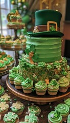 Fototapeta premium St. Patrick's Day Dessert Table with Festive Green Cupcakes and Leprechaun Hat Cake