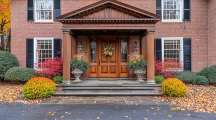 Beautiful Autumn Home Entrance with Colorful Foliage