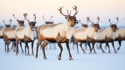 Reindeer herd moving across a frozen tundra, peaceful winter scene in Lapland
