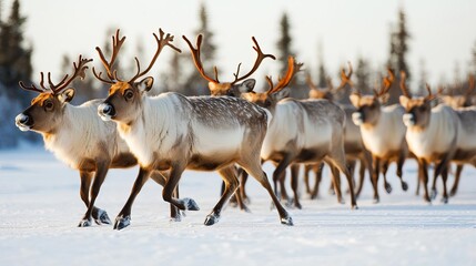 Obraz premium Reindeer herd moving across a frozen tundra, peaceful winter scene in Lapland