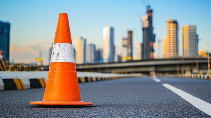vibrant orange construction cone stands boldly in the midst of a chaotic urban scene, symbolizing resilience, caution, and stability. The cone contrasts with the bustling city, offering a moment of re