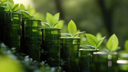 Eco Growth Concept with Green Cylinders and Leaves