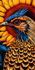 Fototapeta premium A bold and colorful illustration of a bird with intricate feather details, set against a bright sunflower background, blending nature and artistic elements
