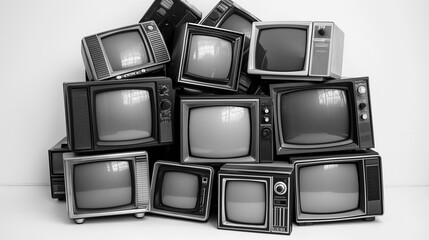 Black-and-White Photograph of Stacked Vintage Televisions