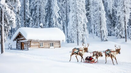 Reindeer pulling a sled past a snow-covered cabin, cozy Lapland scene