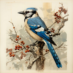 A detailed illustration of a blue jay sitting on a branch with red berries, showcasing the bird's vibrant blue feathers and natural surroundings
