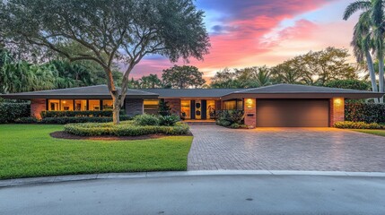 Modern Home Exterior at Sunset with Lush Landscape