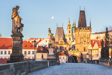 Prague's Old Town: Charles Bridge Statues and Medieval Towers at Sunrise, Prague, Czech republic