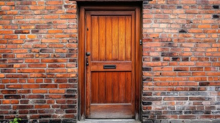 Rustic Wooden Door Against Brick Wall Background