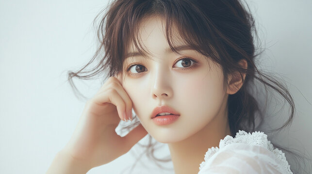 stunning portrait of a Korean woman showcasing traditional beauty with serene elegance. Her calm expression, soft lighting, and natural features convey timeless grace, cultural pride, and inner streng