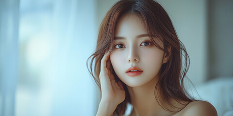 stunning portrait of a Korean woman showcasing traditional beauty with serene elegance. Her calm expression, soft lighting, and natural features convey timeless grace, cultural pride, and inner streng