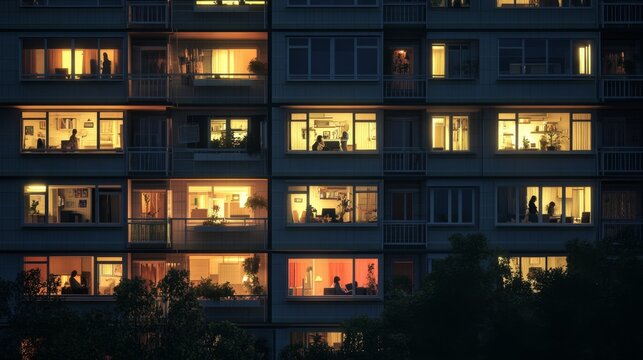night multi-storey apartment building, front view, lights are on in many windows, silhouettes of different people