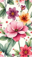 Abstract hand drawn flower art seamless pattern . Acrylic paint nature floral background in vintage art style. Spring season painting print isolated with white highlights, png