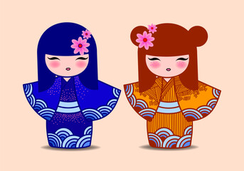 Japanese kokeshi dolls character icon vector illustration. Kawai asian girls wearing kimono. Cute cartoon asian women.