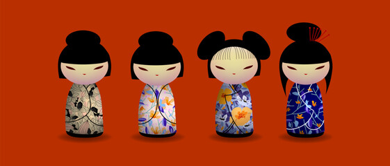 Japanese kokeshi dolls character icon vector illustration. Kawai asian girls wearing kimono. Cute cartoon asian women.