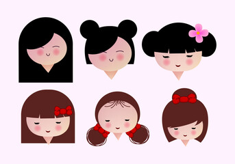 Japanese kokeshi dolls character icon vector illustration. Kawai asian girls wearing kimono. Cute cartoon asian women.