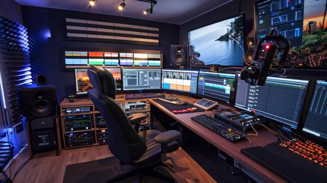 Modern multimedia studio with advanced production equipment, computer screens, audio setup, and ergonomic chair for creative workspace, enhancing sound mixing and video editing in sleek, modern