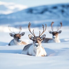 Reindeer resting in the snow, their breath rising in the crisp Lapland air